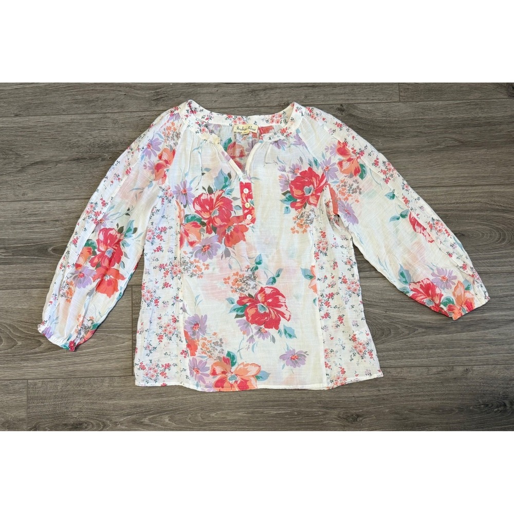 Indigo Rose Floral Blouse Petite Medium Boho Peasant Top Cottagecore Shabby Chic